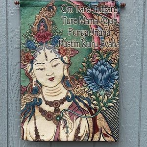 White Tara Mantra Buddhism wall banner thick with vibrant colors & wood dowels!